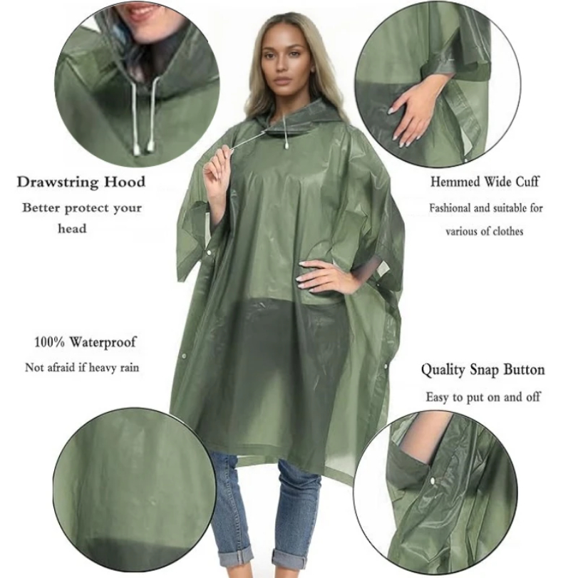 Drawstring 후드가있는 재사용 가능한 비옷 성인 - Camping Rain Poncho 리뷰 및 가격
